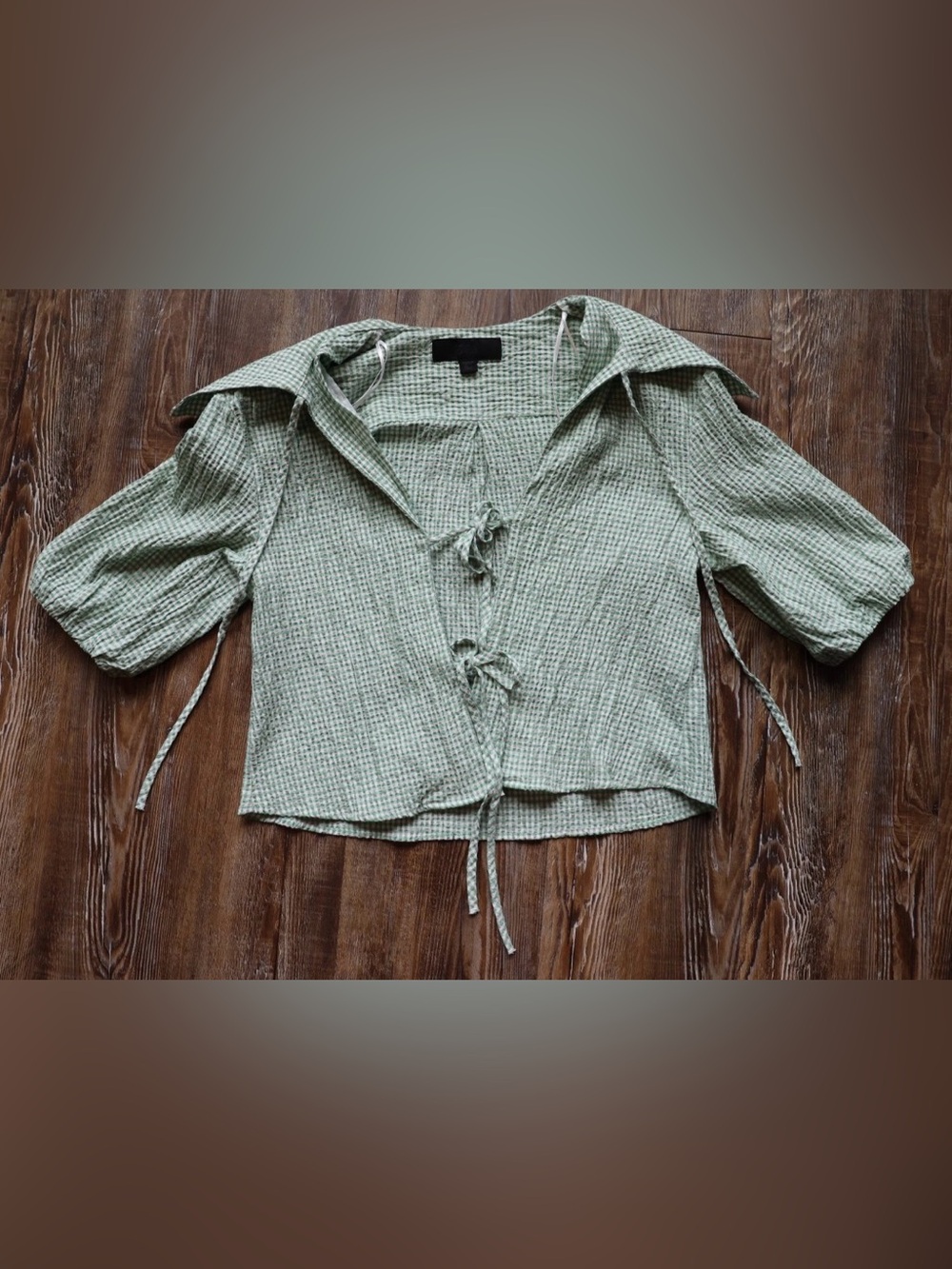 Cropped Green Gingham Seersucker Blouse Prairie Tie Front Cottagecore Size XS